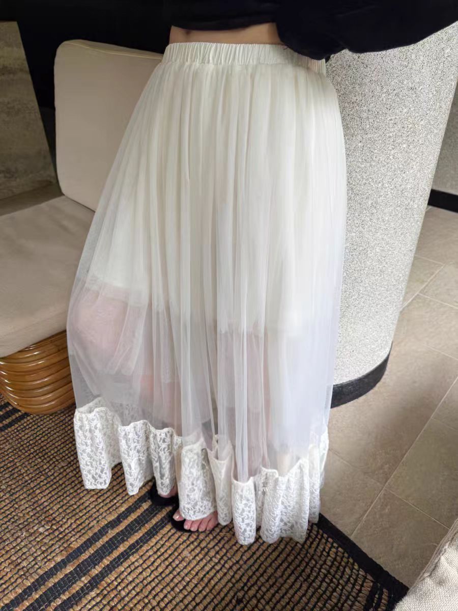 【奥莉】2025春夏:蕾丝刺绣拼接网纱半身裙32653