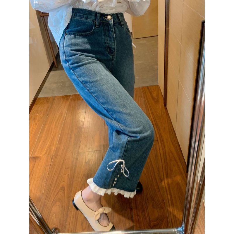 【张静芝】钉珠蝴蝶结蕾丝花边牛仔裤