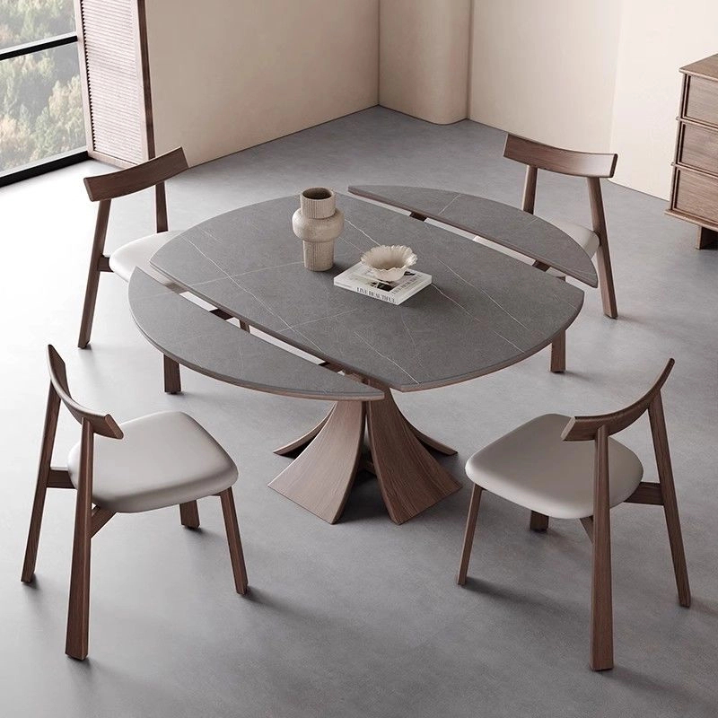 实木岩板伸缩餐桌胡桃现代简约饭桌家用白蜡小户型餐桌椅组合桌子