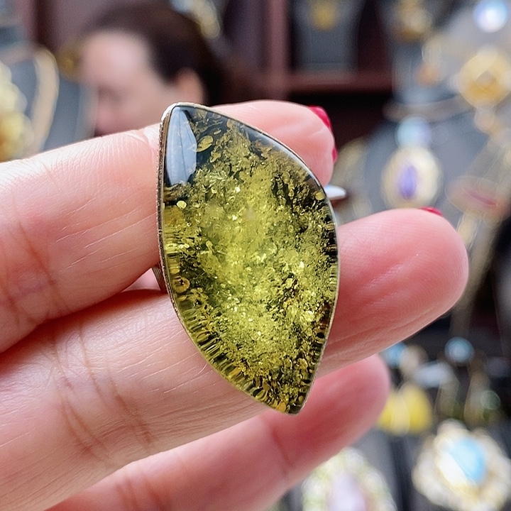 琥珀戒指银S925镶嵌戒指