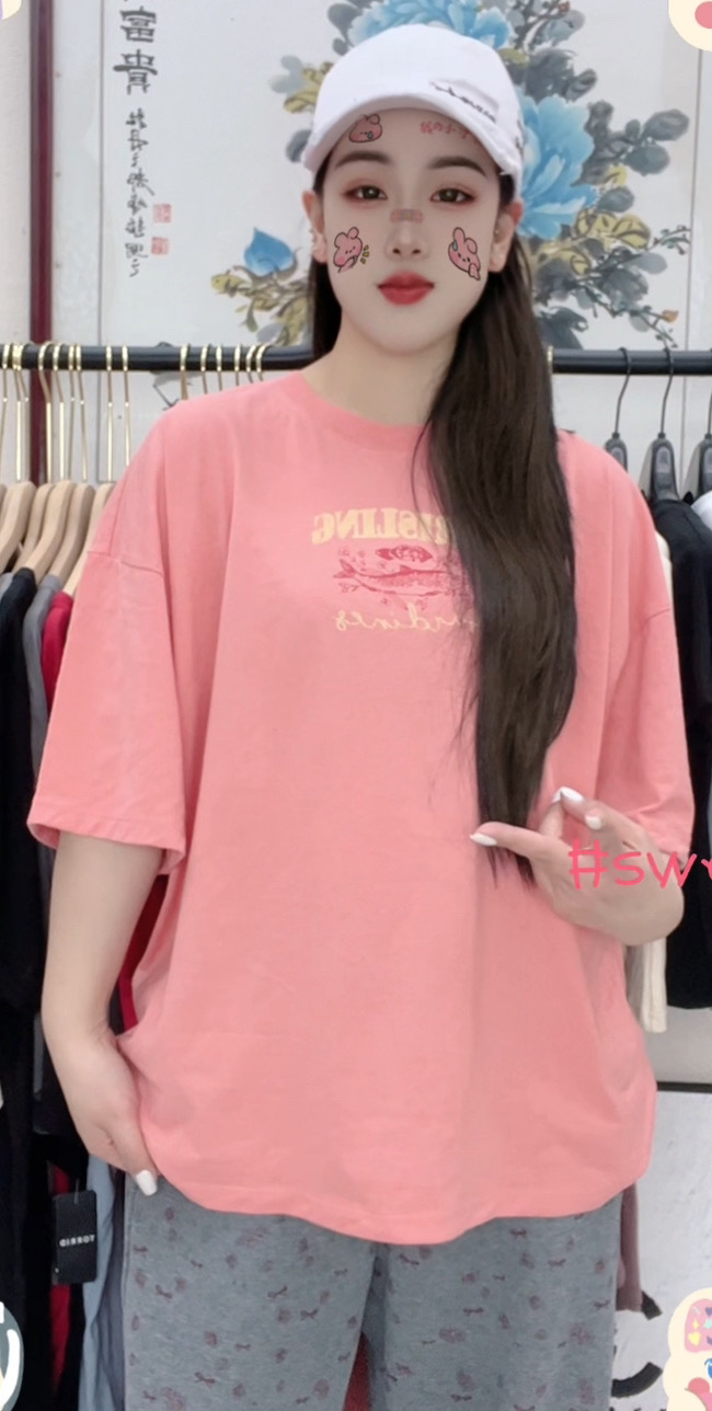 外贸纯棉大码T恤西瓜红年年有鱼