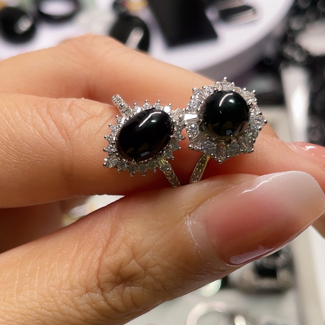 翡翠戒指银S925镶嵌账**用墨翠蛋面戒指2个