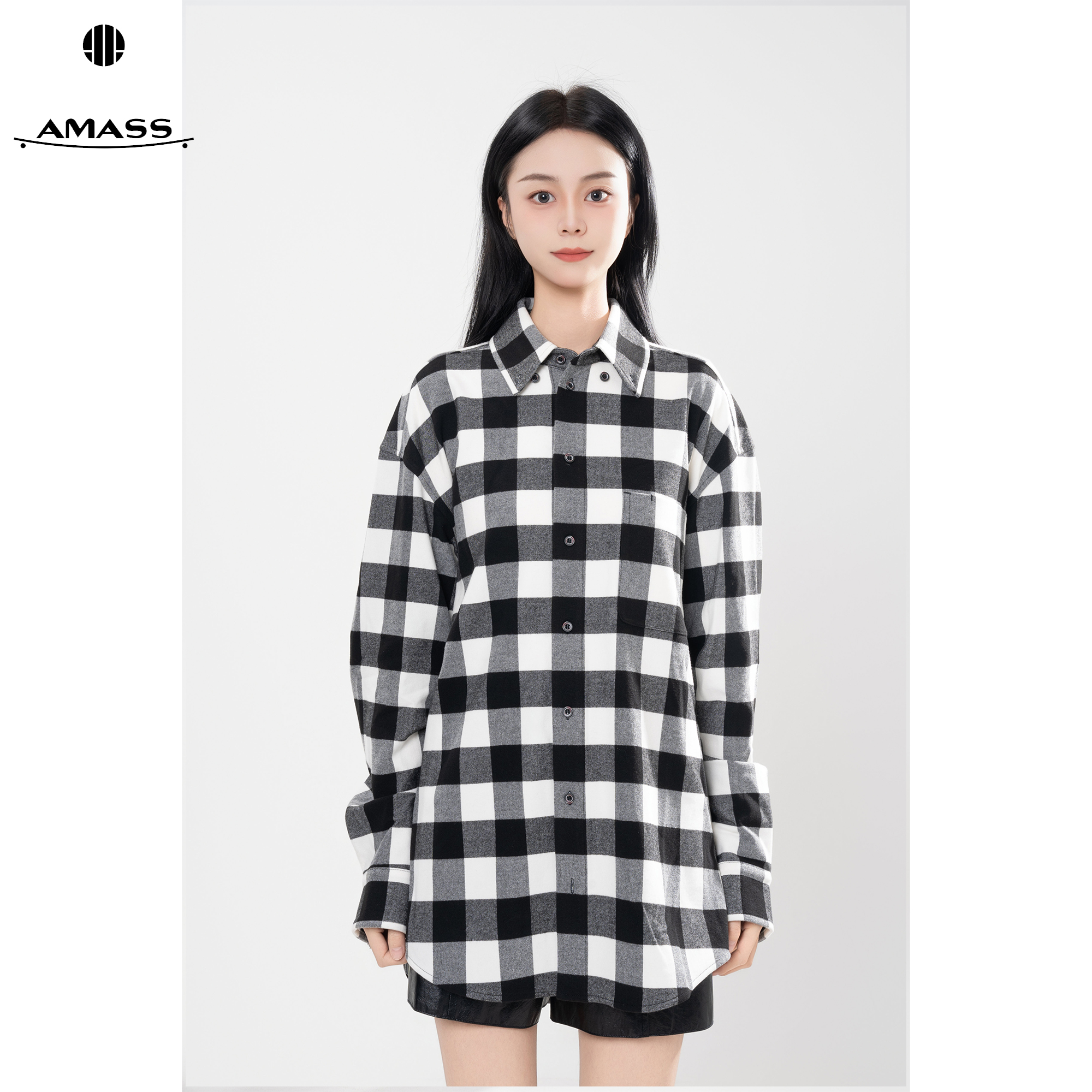 AMASS/阿玛施时尚休闲摩登学院质感百搭宽松简约格纹衬衫 5300911