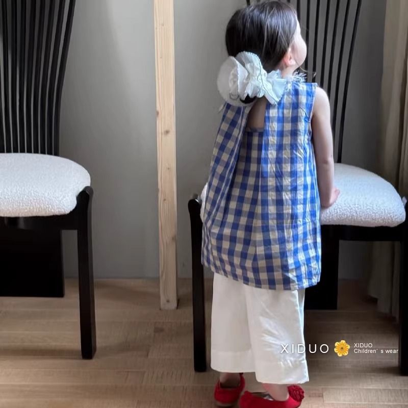 童装女童格子无袖背心裙韩系女宝夏季镂空设计高级感连衣裙阔腿裤