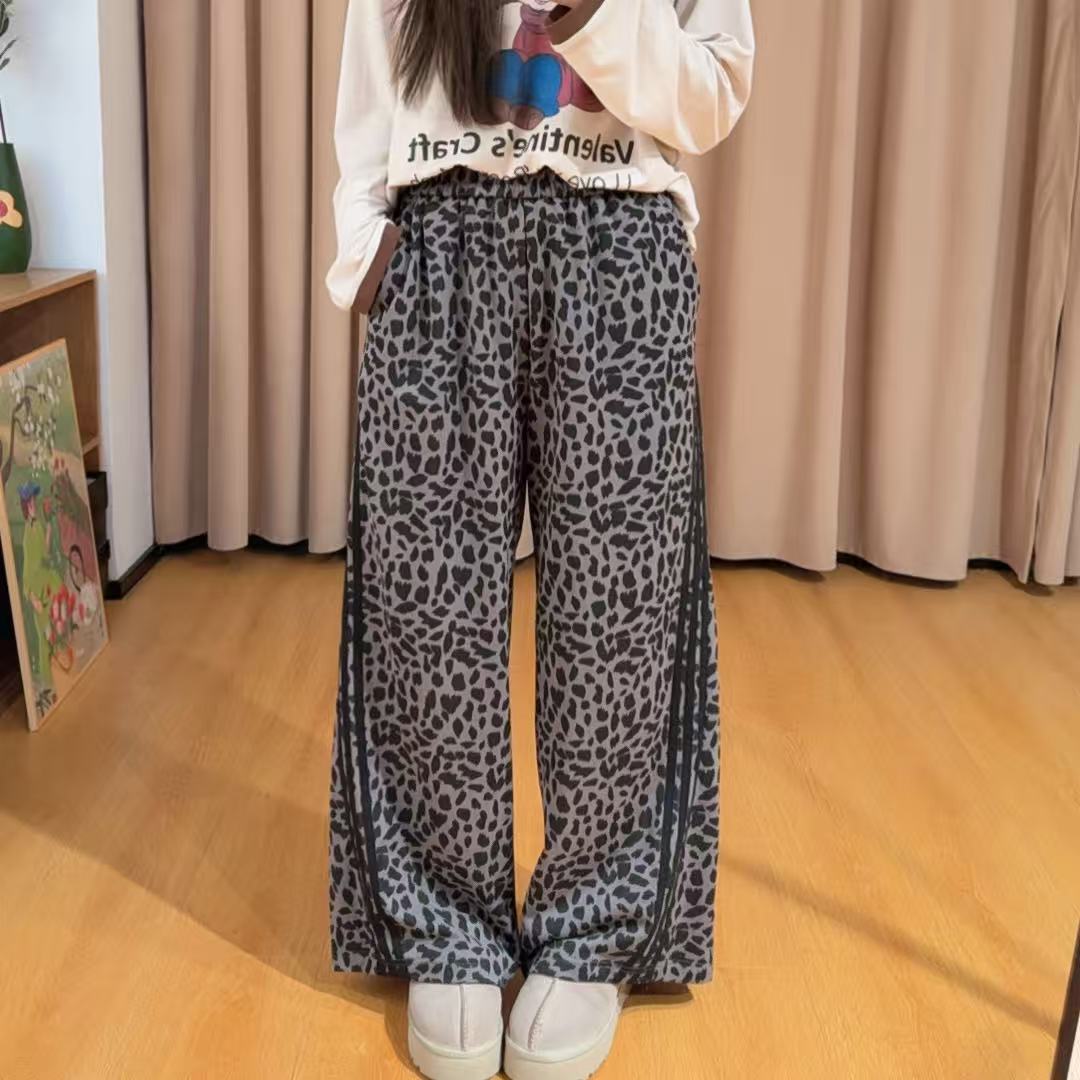 85872余小鱼 【豹纹裤】灰色豹纹侧边三条杠设计百搭阔腿休闲裤女装