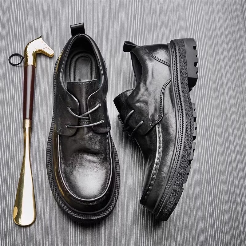 真皮透气厚底秋季休闲皮鞋男青年牛皮单鞋冬加绒系带圆头商务鞋潮