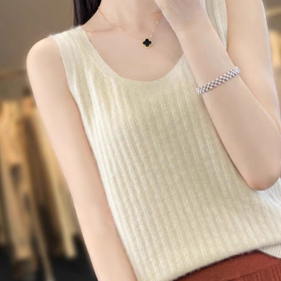 100羊毛一线U型领疙瘩针提花针织吊带背心女