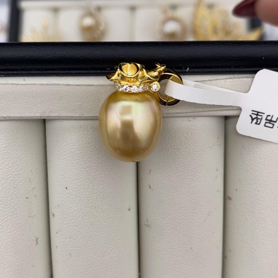 定制海水珍珠银S925镶嵌吊坠(不含链)金珠12.9mm福袋吊坠