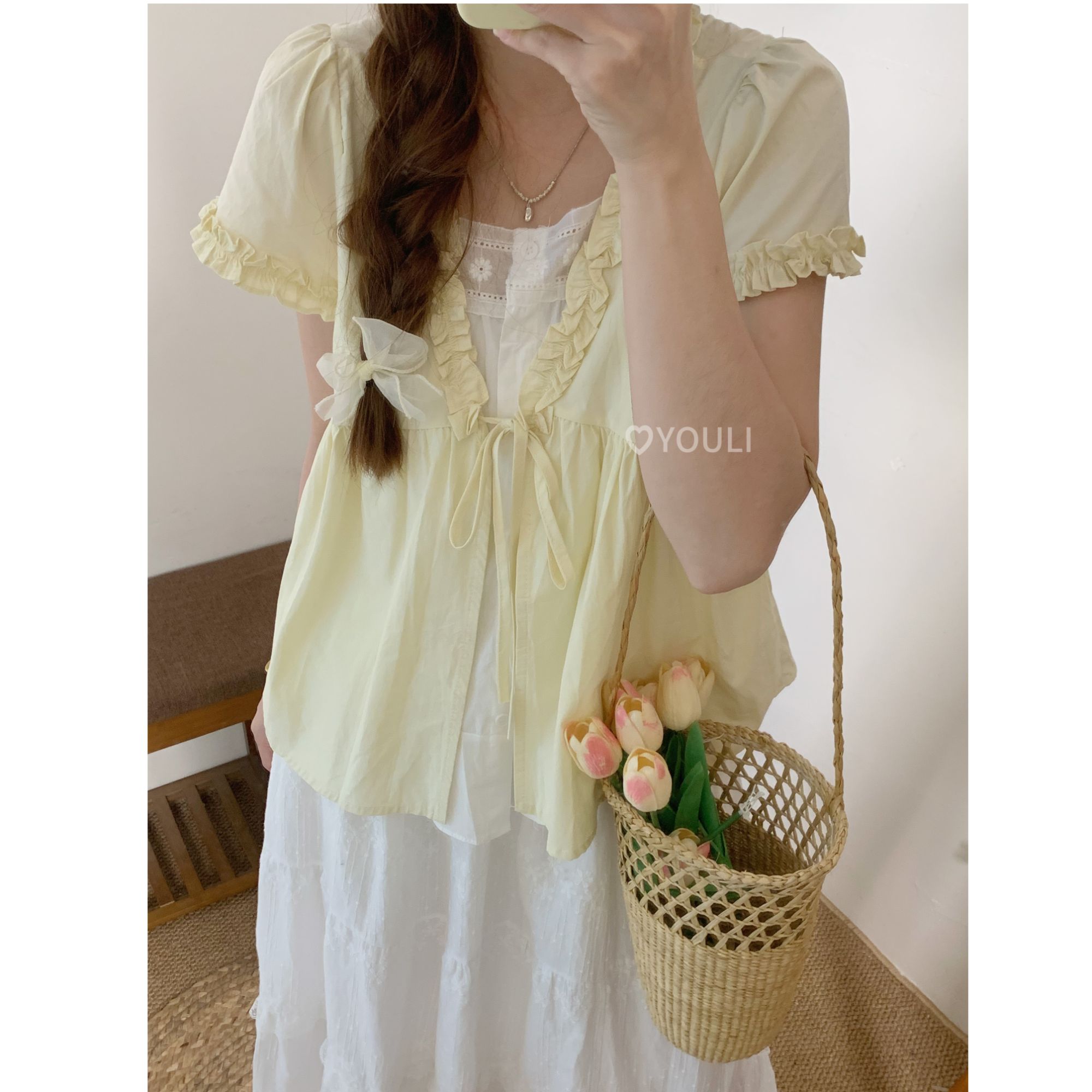 【乌梨】韩系假两件甜美减龄短袖衬衫女夏季宽松百搭木耳边衬衣