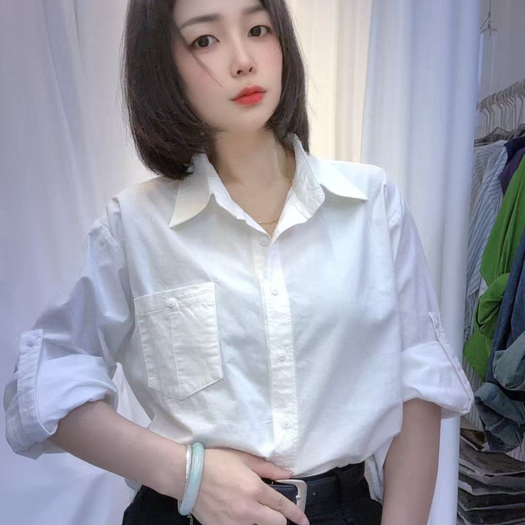 短款纯色百搭长袖翻领白色衬衫简约设计感上衣
