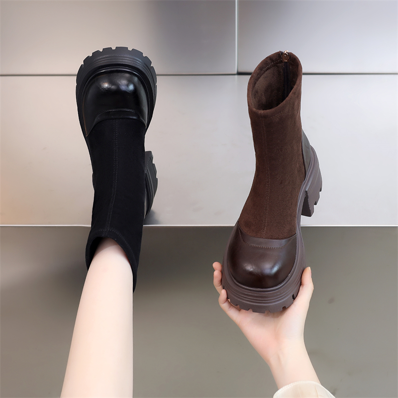 韩版粗跟马丁靴女2025秋冬新款法式增高软底显瘦加绒烟筒靴大码41