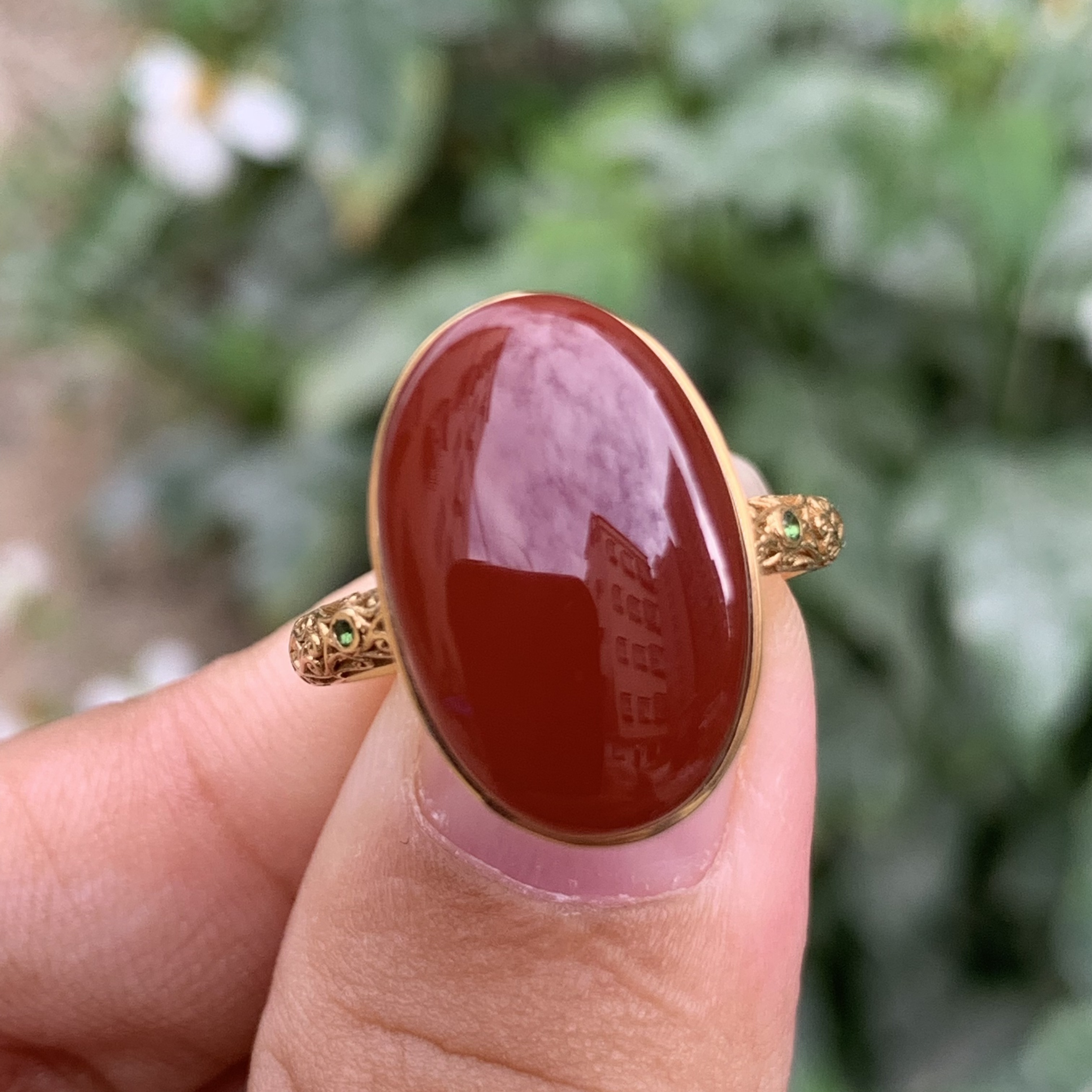 传承全品级 南红瓦西高品纯色牛血红女戒 18K金镶嵌17.4*11.4*8.3