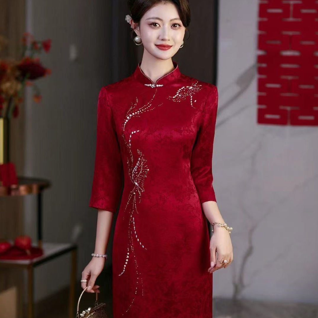 适中婚礼金丝无开衩中长款知性风显瘦旗袍包袖红色