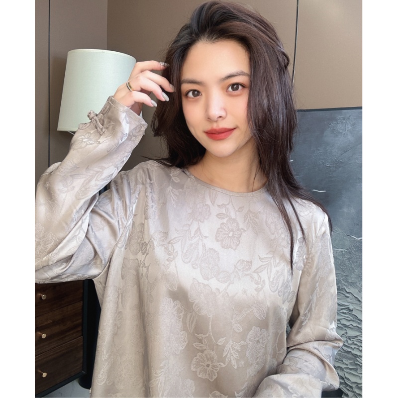 【美美新中式】新款国潮气质盘扣女士上衣重磅暗纹提花长袖小衫9098