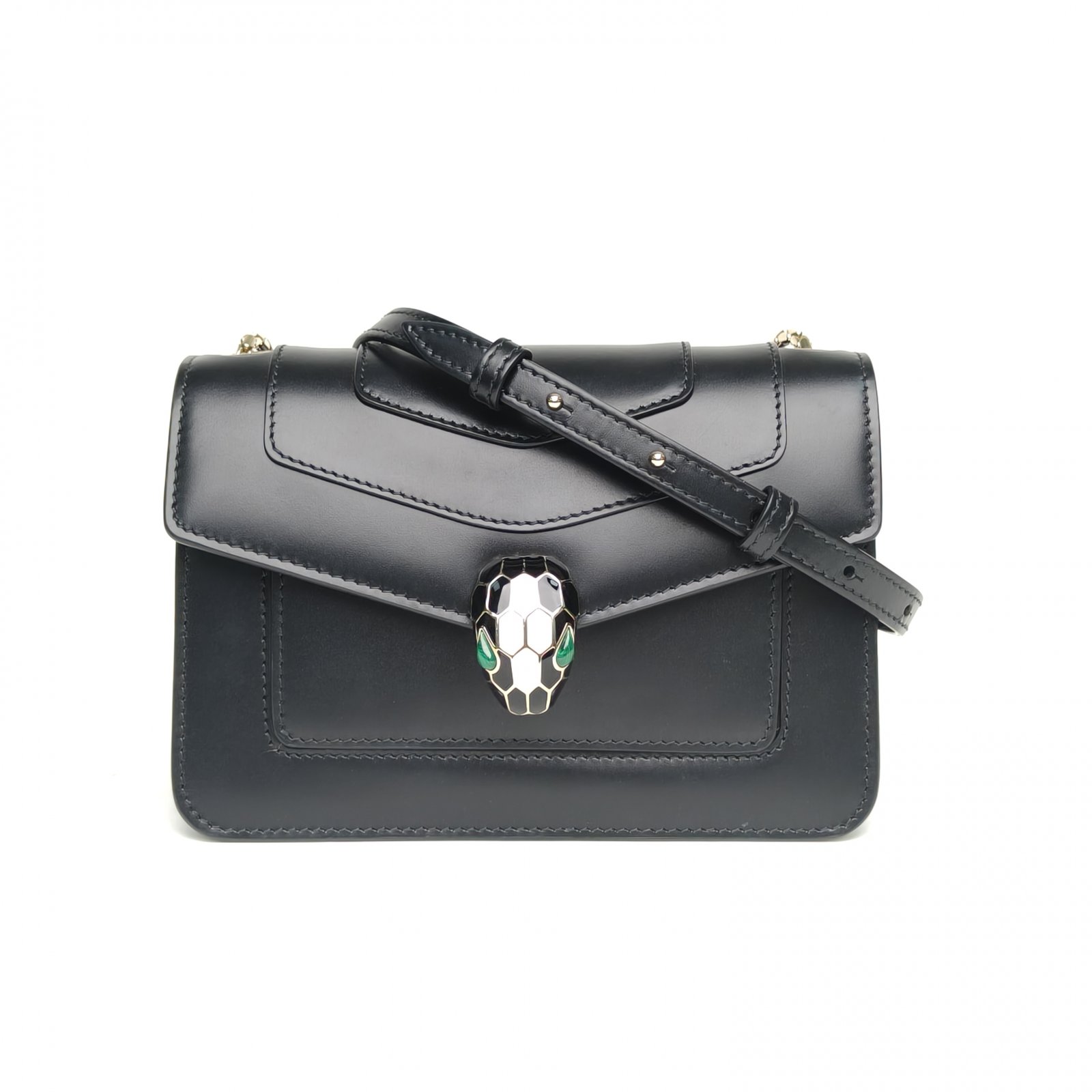 95新 BVLGARI/宝格丽 【娇】黑色皮革C 浅金扣风琴蛇头18 129537