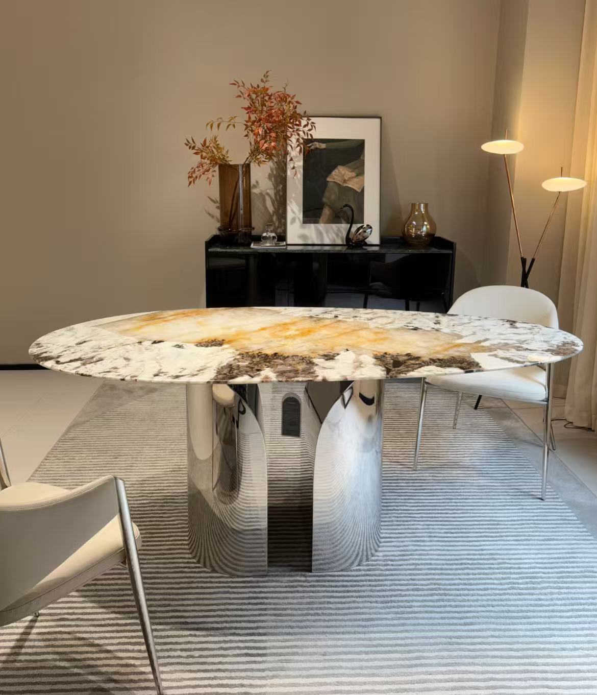 异形一桌六椅意式艺术椭圆形餐桌圆形创意餐台时尚轻奢法式客厅