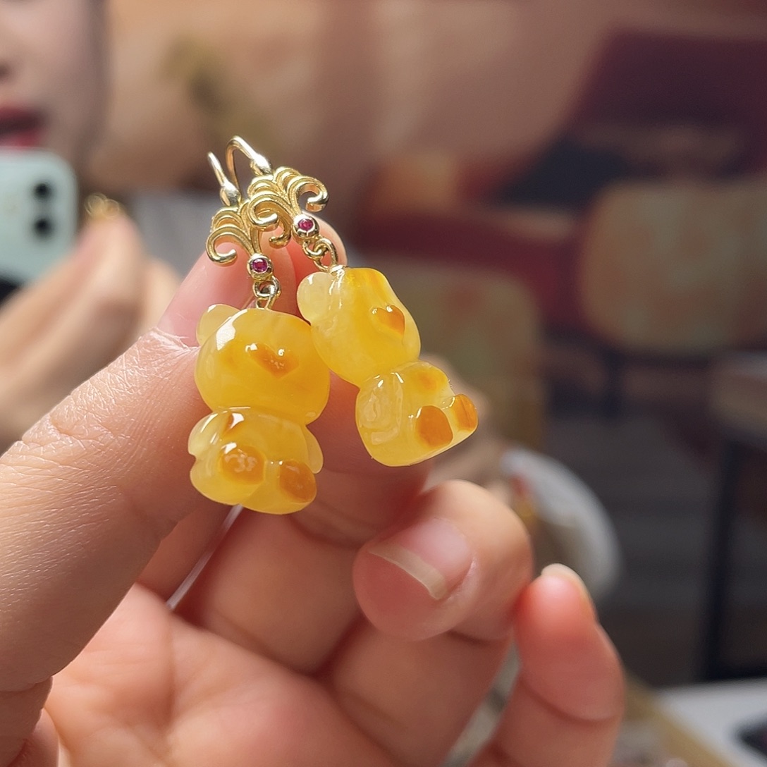 琥珀银S925镶嵌裸石蜜蜡耳环