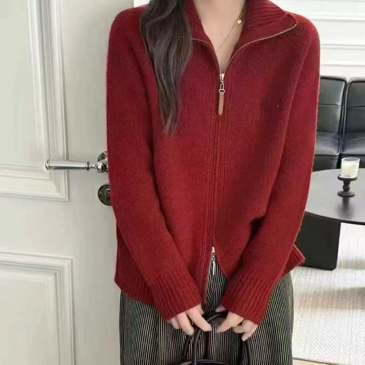 秋冬新款宽松双拉链加厚针织开衫女毛衣外套7071