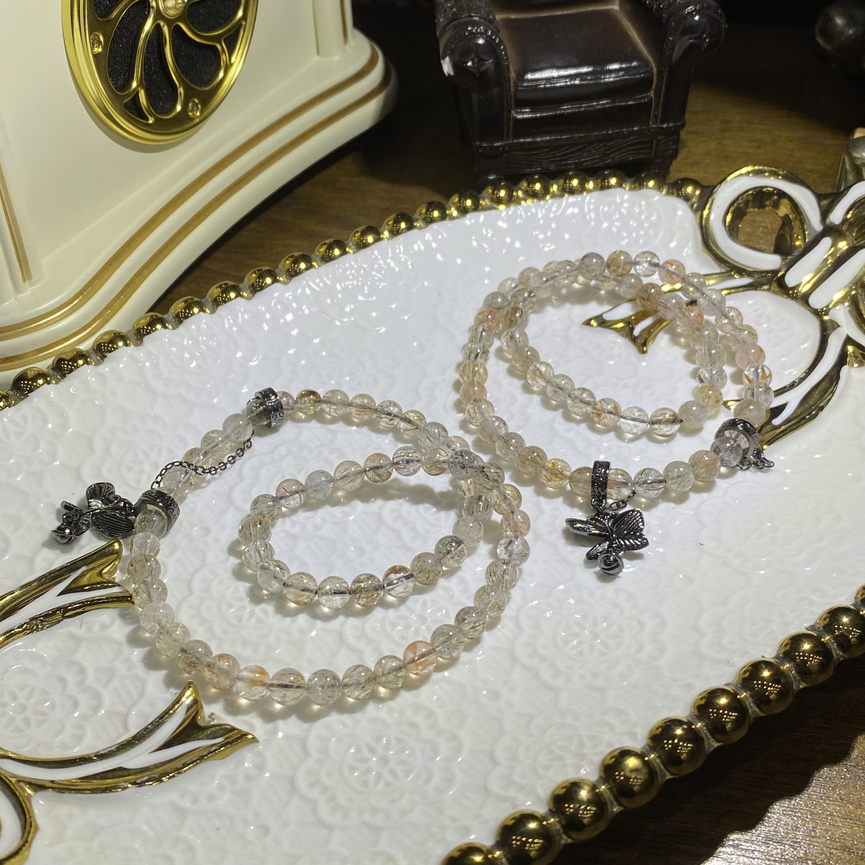 V195-天然老矿料黑金超七水晶手链设计款双圈-多样性发其一