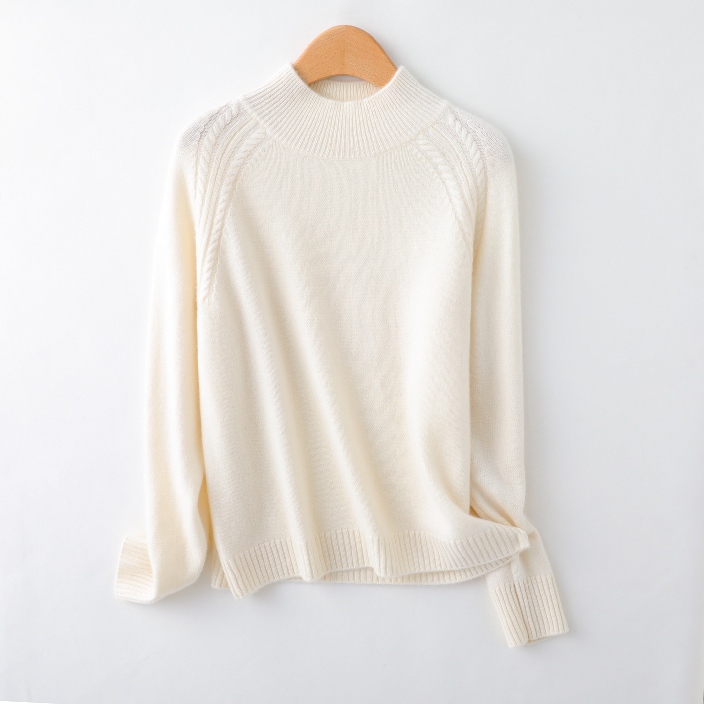 100%纯山羊绒衫插肩扭花半高领打底衫绞花百搭针织衫加厚加密毛衣