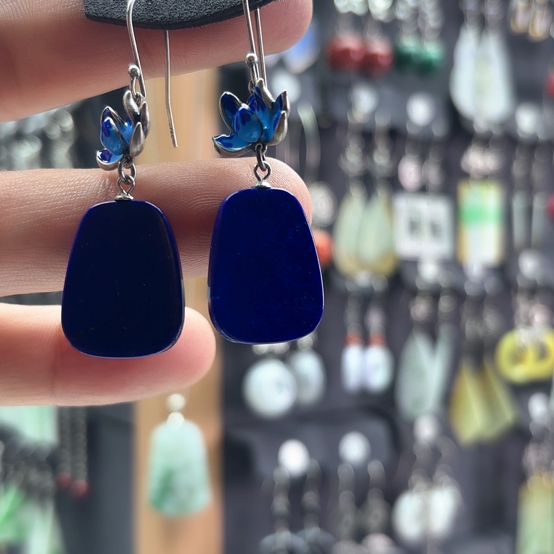 青金石耳饰银S925镶嵌女*