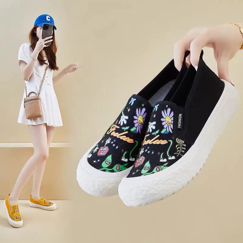 薄款女胶粘夏季休闲一脚蹬帆布鞋拼色圆头0305