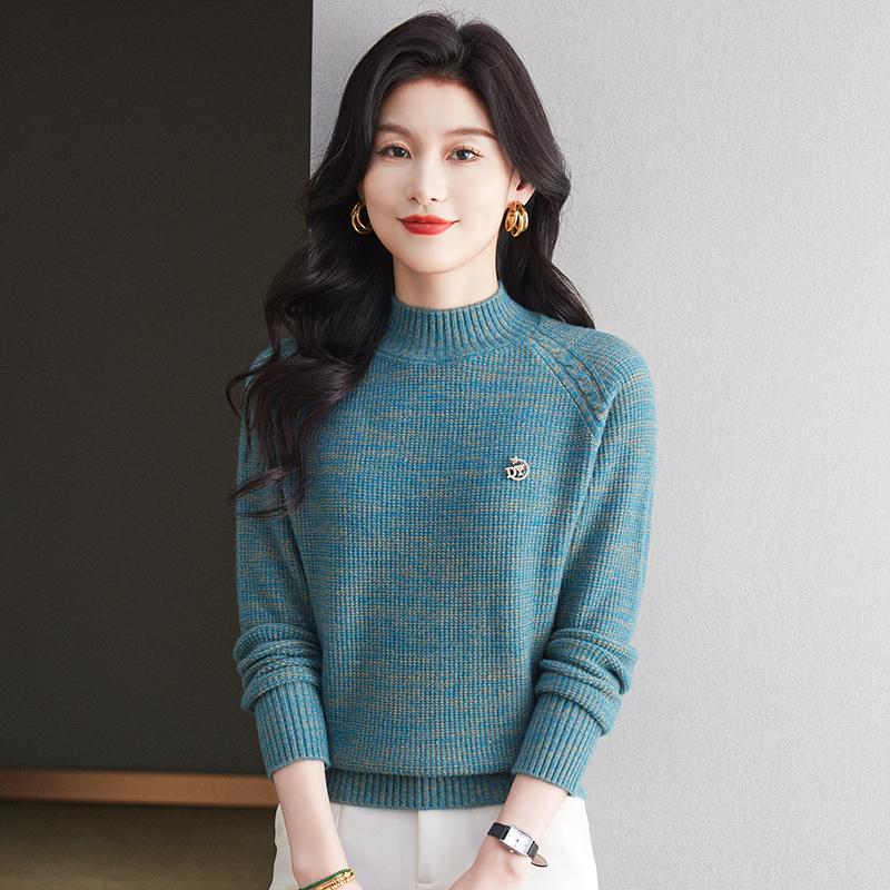 库妃冬新款时尚洋气针织衫拼接上衣长袖百搭宽松半高领加厚半高领