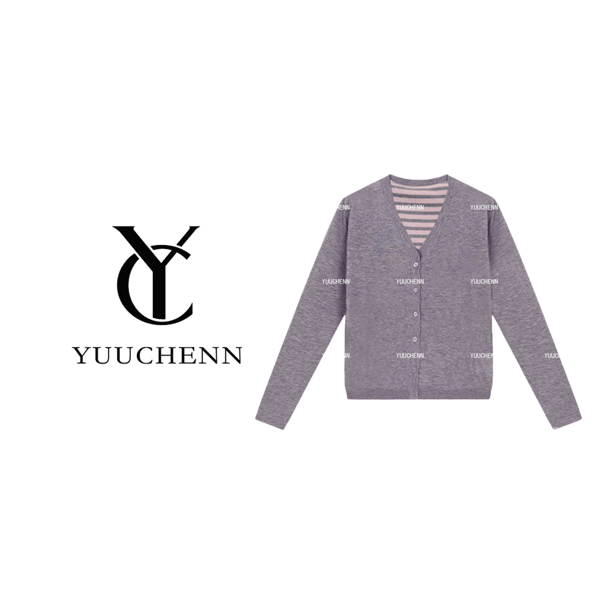 YUUCHENN简约针织开衫女桑蚕丝休闲拼接条纹毛衣外套CC1C1735