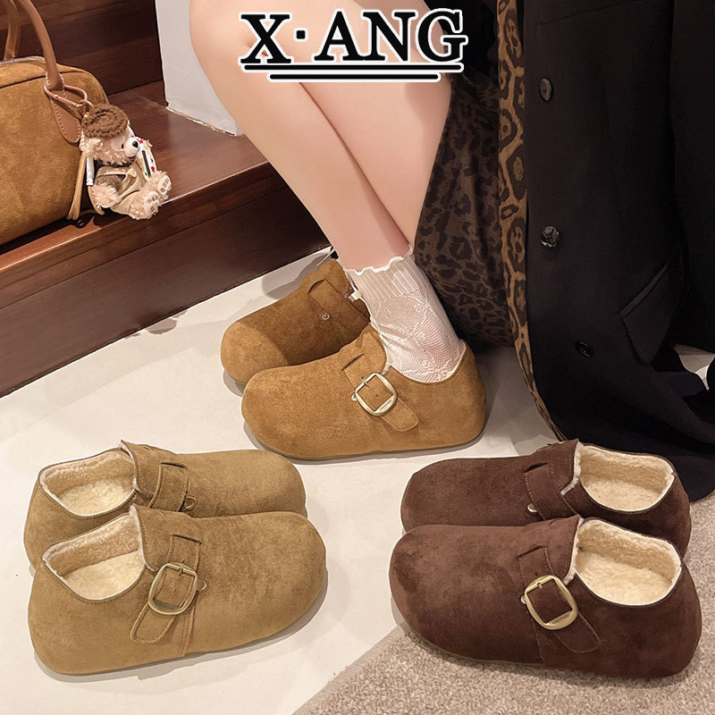 毛毛鞋纯色圆头棉鞋百搭女鞋时尚休闲鞋5cm魔术贴