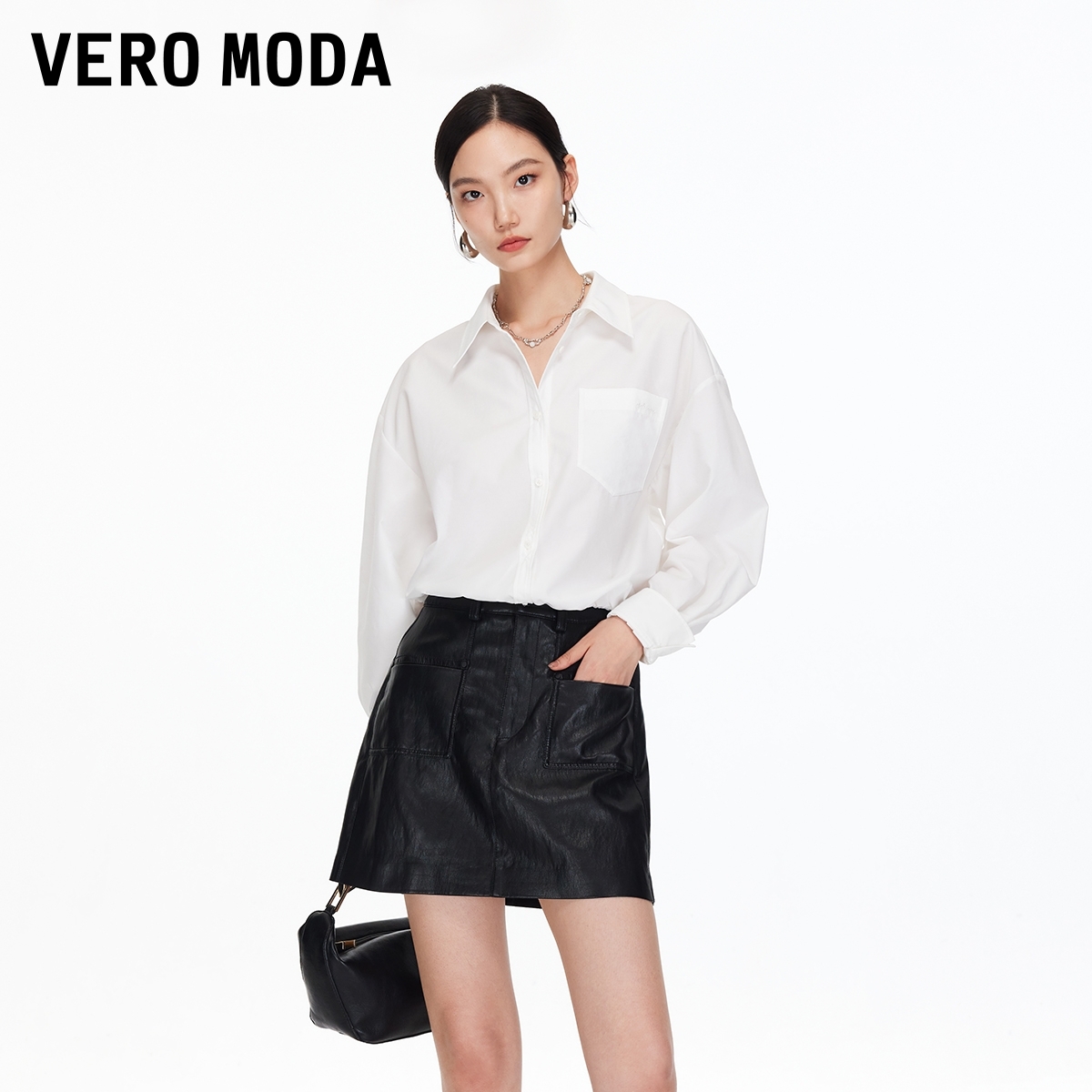 Vero Moda半身裙2025秋季新款PU双口袋A字短裙时髦老钱风小众