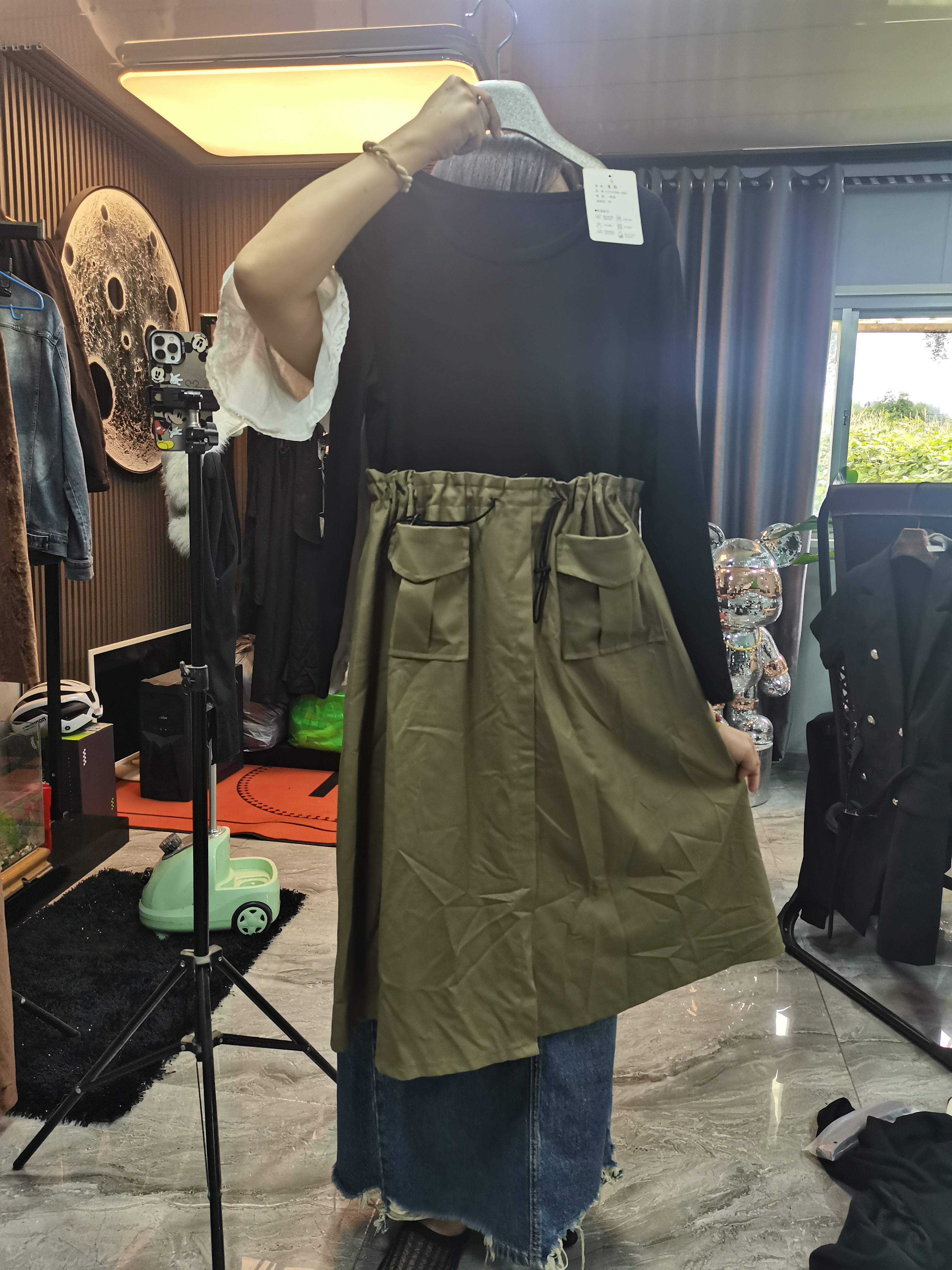 清仓2025春秋韩版宽松大码修身显瘦拼接连衣裙圆领长袖撞色通勤