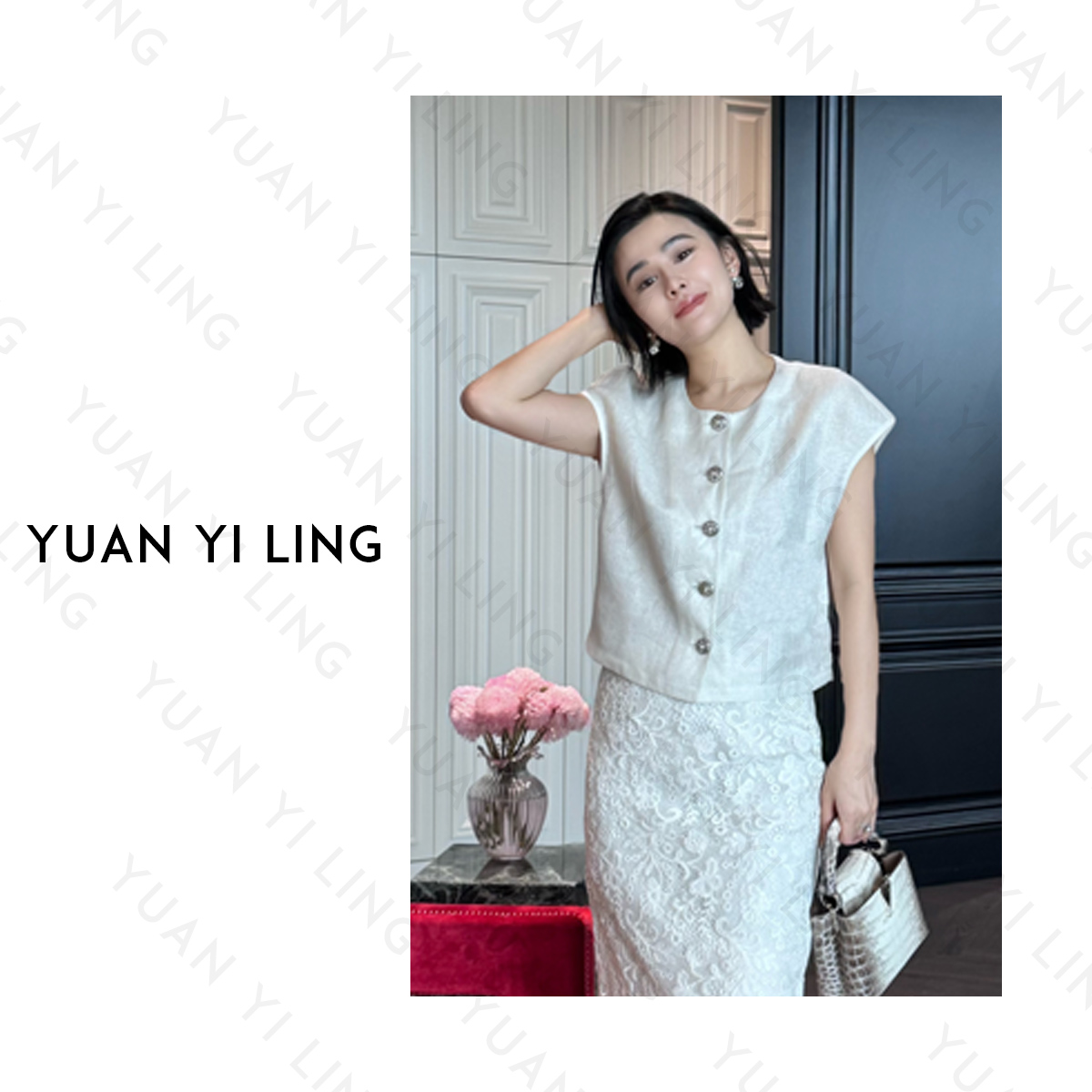 袁艺灵【星云】25夏季上新款亚麻进口银丝亚麻精致钻扣设计女装衬衫