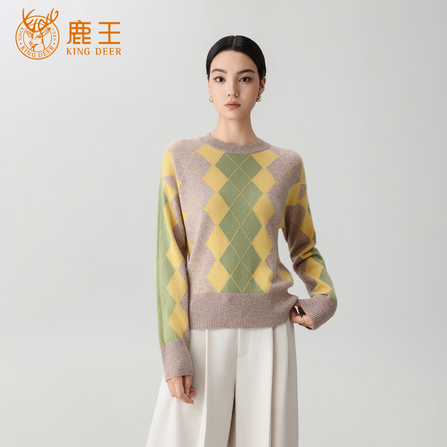 【专柜新品】鹿王女圆领100山羊绒经典菱形格秋冬套衫 912518309