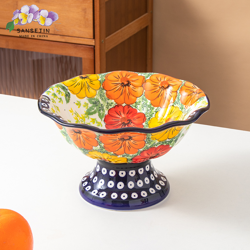 KUZ MUNQAK新疆包邮【南瓜色】轻奢釉下彩家用陶瓷手绘高脚果盘