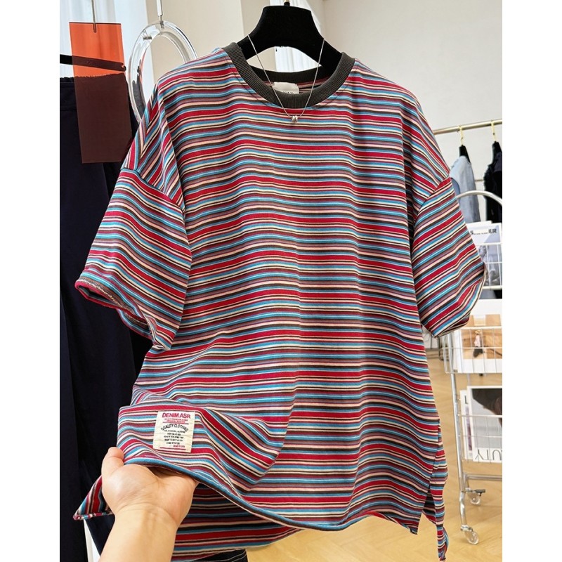 P0288慵懒风宽松休闲彩色条纹短袖T恤女夏季超好看半袖上衣ins