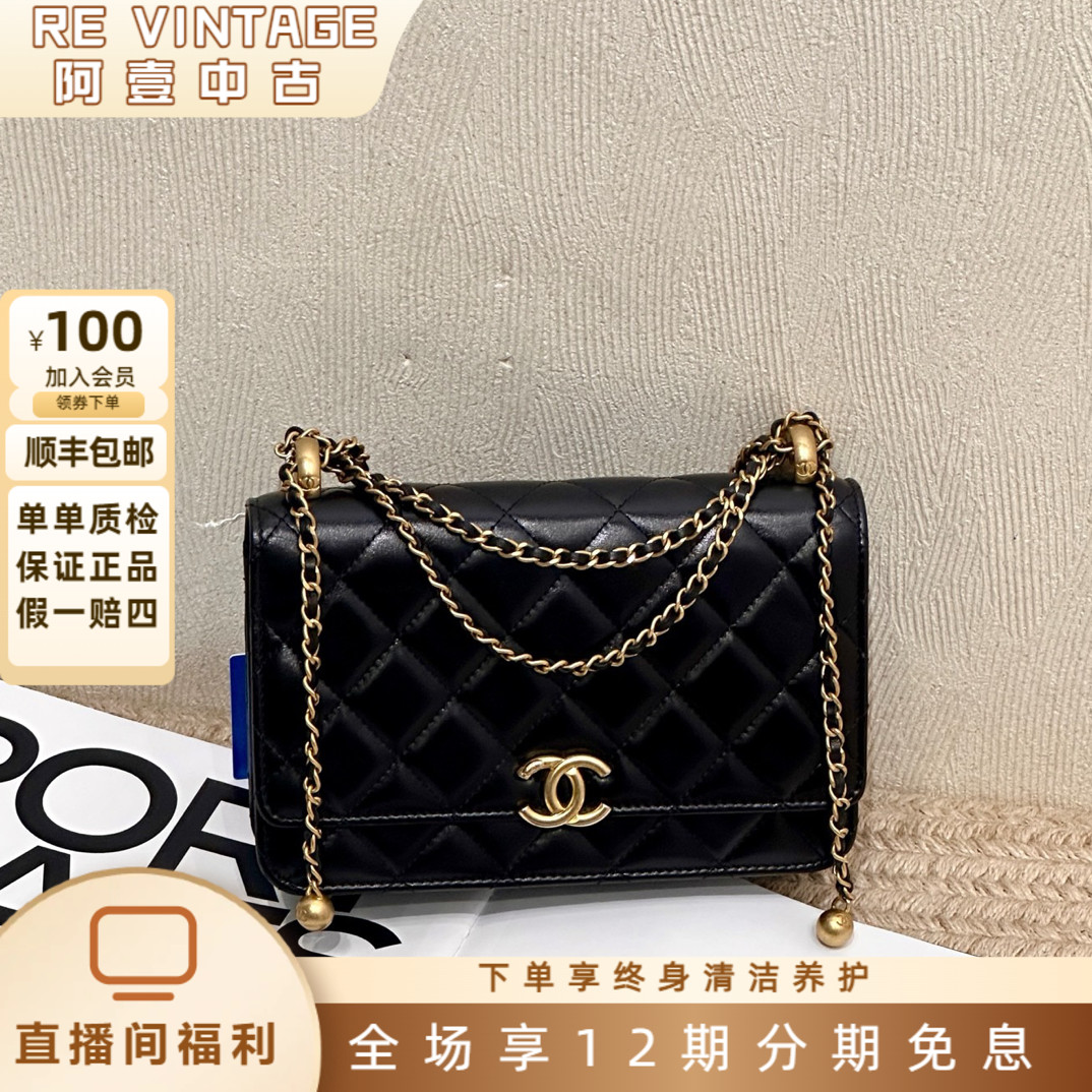 99新 Chanel/香奈儿 Chanel 香奈儿 21A 黑金羊皮双金珠woc 