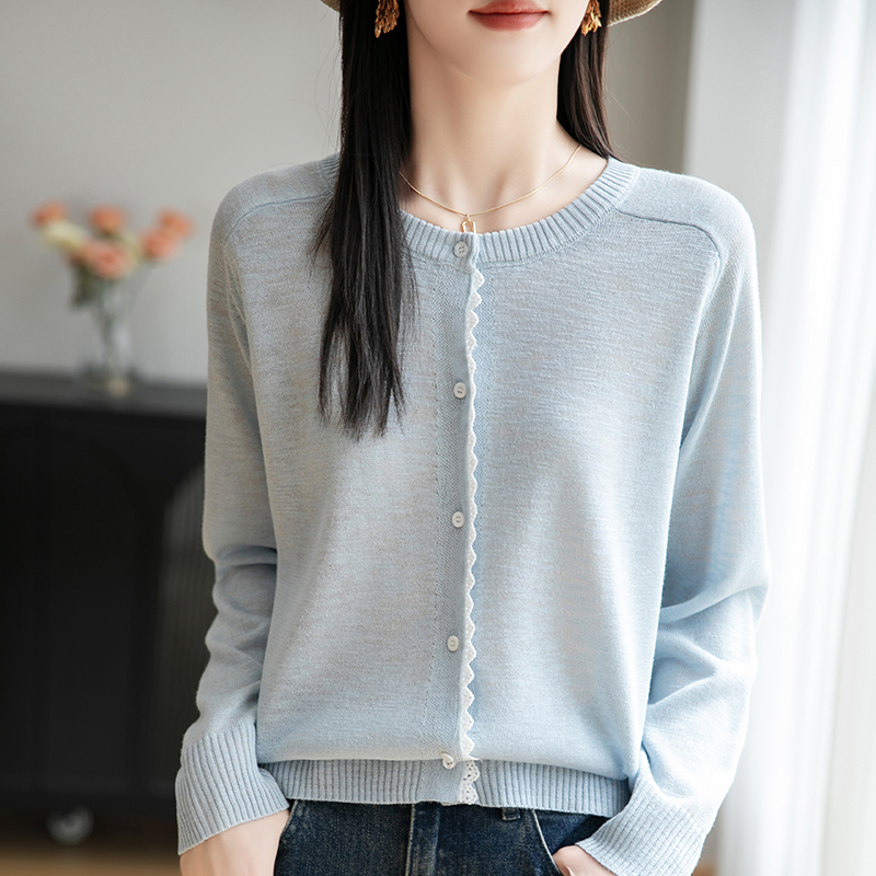 亚麻针织长袖开衫外套透气空调衫圆领上衣