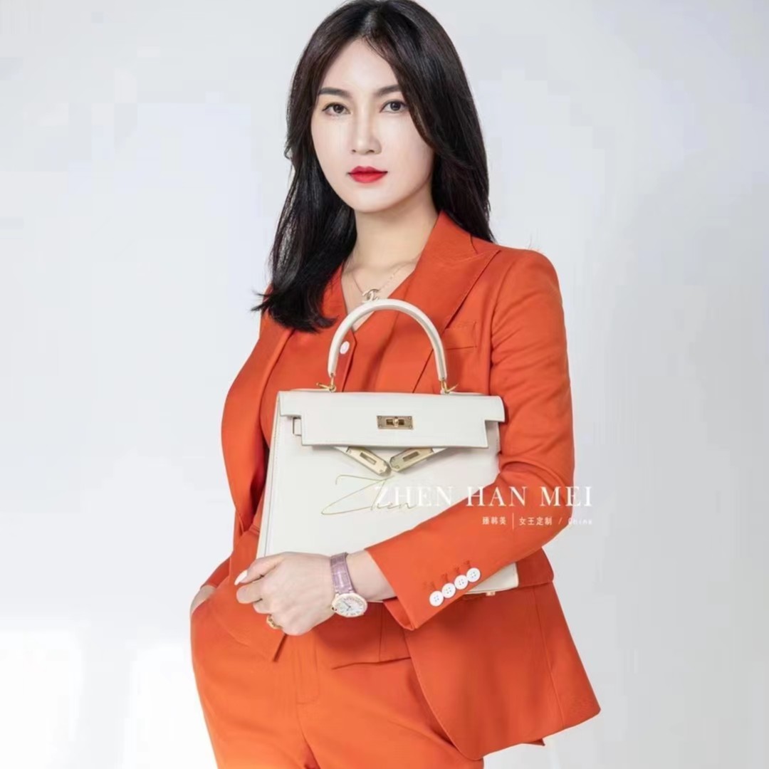 臻韩美2025时尚大气高定款橘色三件套西装套装