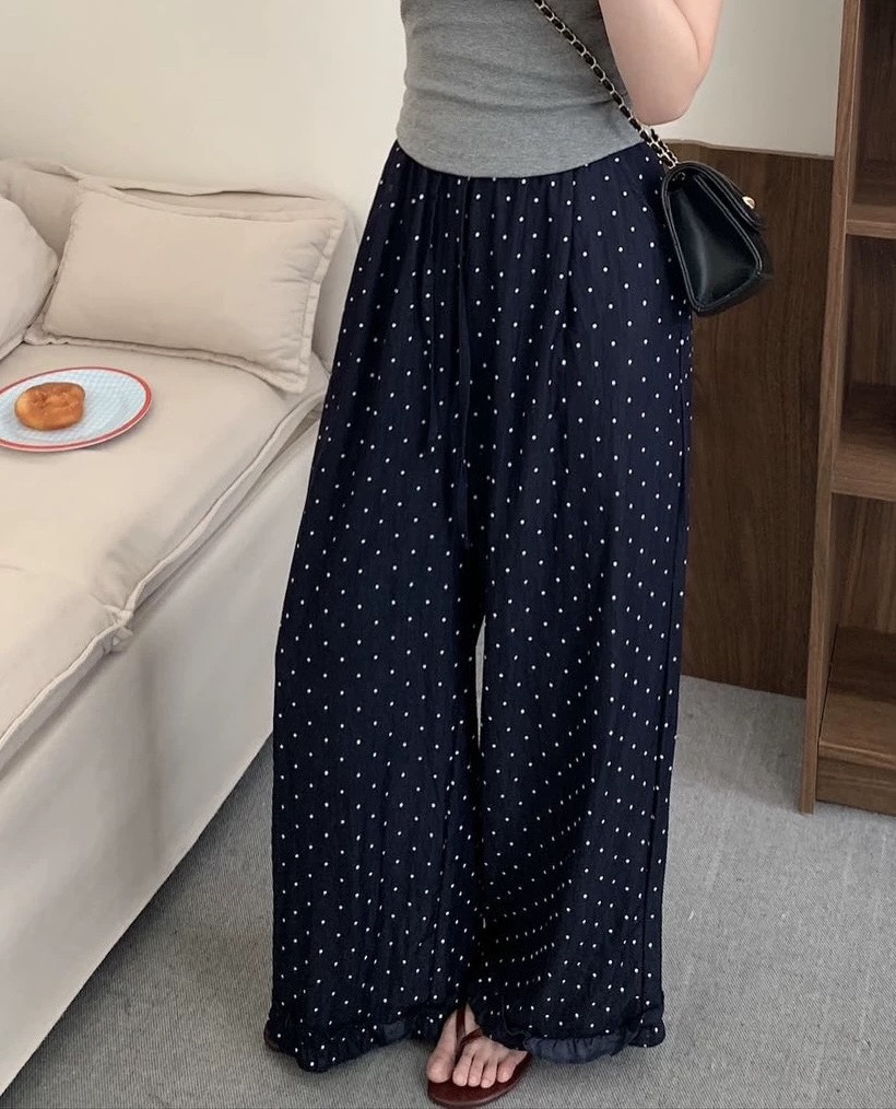2025年夏季新款九分裤百搭显瘦松紧腰木耳边波点阔腿休闲裤