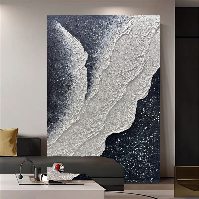 （黑白海浪）手工油画现代简约客厅落地沙发背景墙竖版装饰画