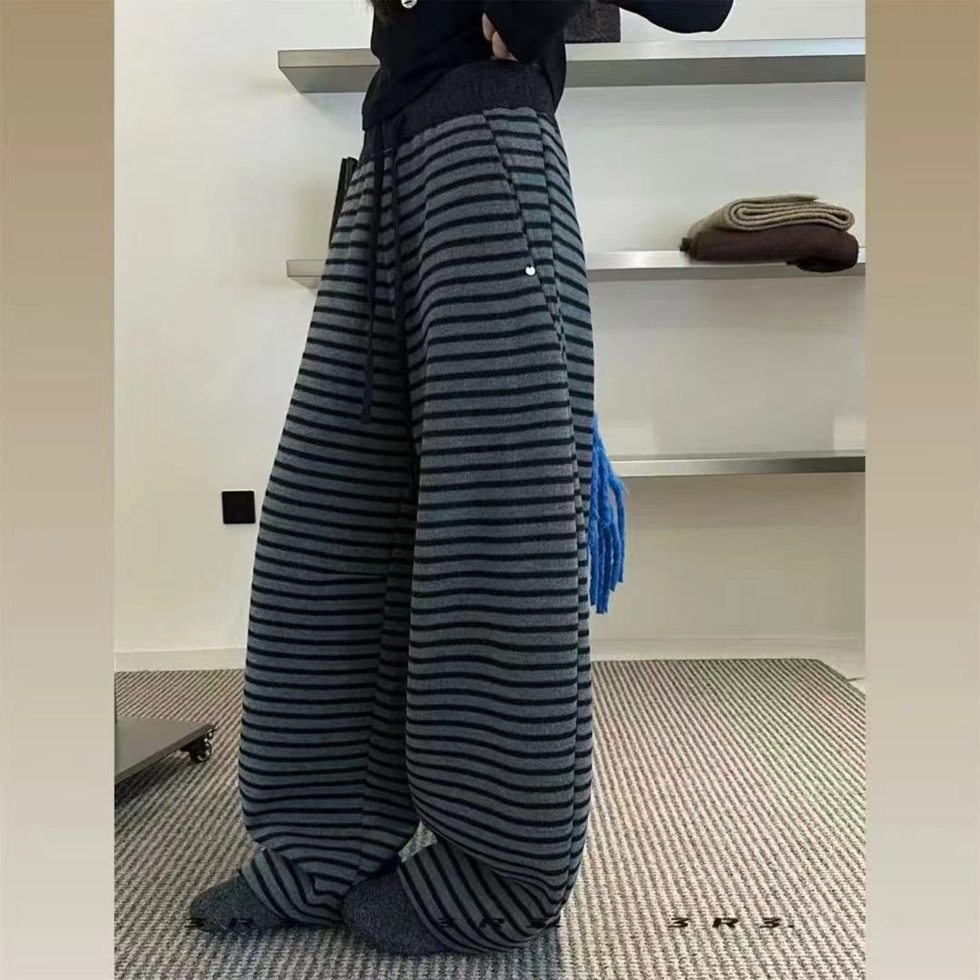 010条纹加绒加厚两穿拖地休闲裤