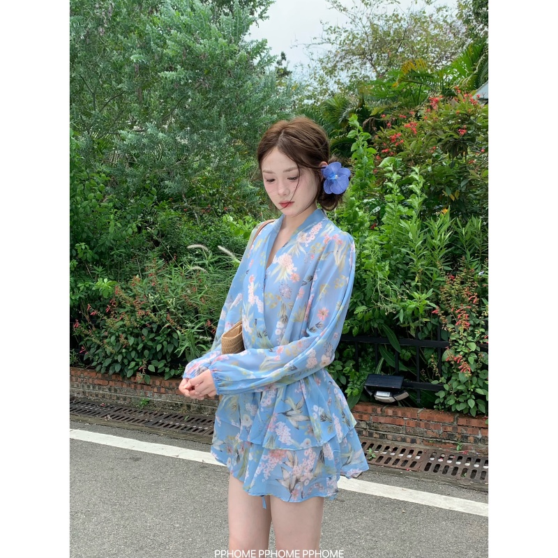 PPHOME自制~雪纺碎花灯笼袖连衣裙女夏季绝美气质海边度假短裙子