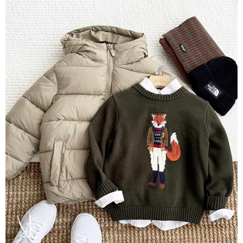 高端系列狐狸提花毛衣 帅气百搭圆领套头针织衫儿童男童装