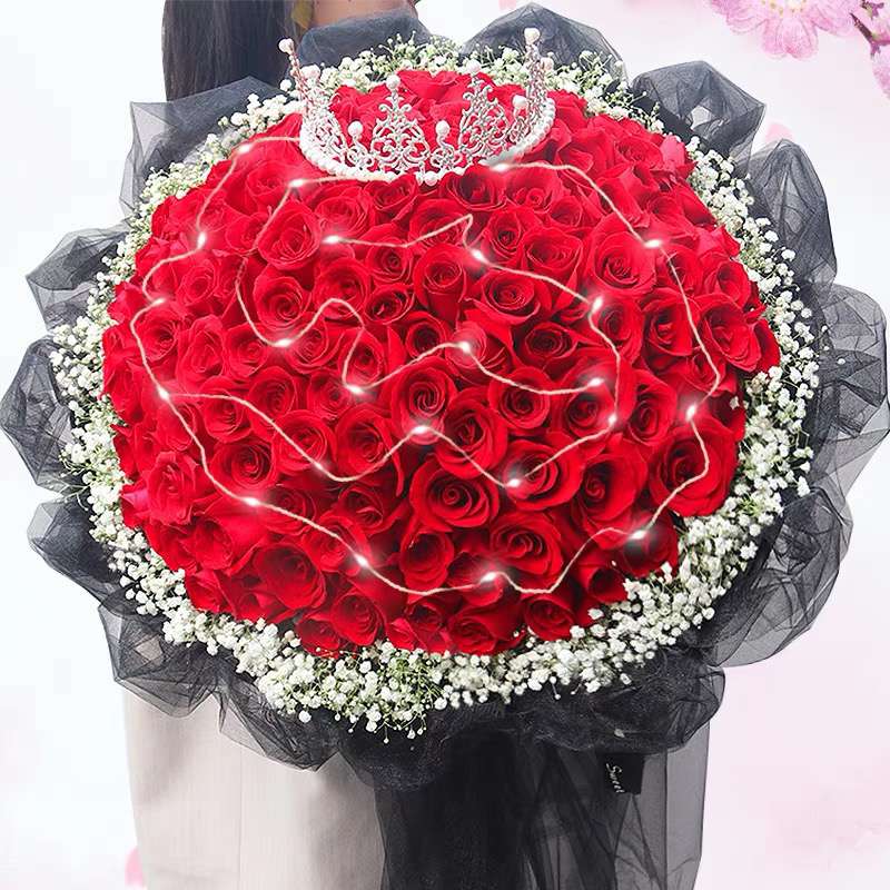 【相守是一种承诺】99朵红玫瑰送发光灯串皇冠鲜花花束送老婆爱人女友闺蜜花店送花上门