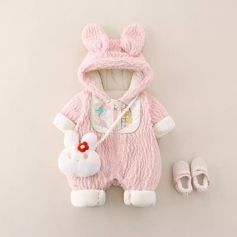 婴儿冬装连体衣服女宝宝中国风棉袄加绒加厚夹棉外套棉服冬季外出