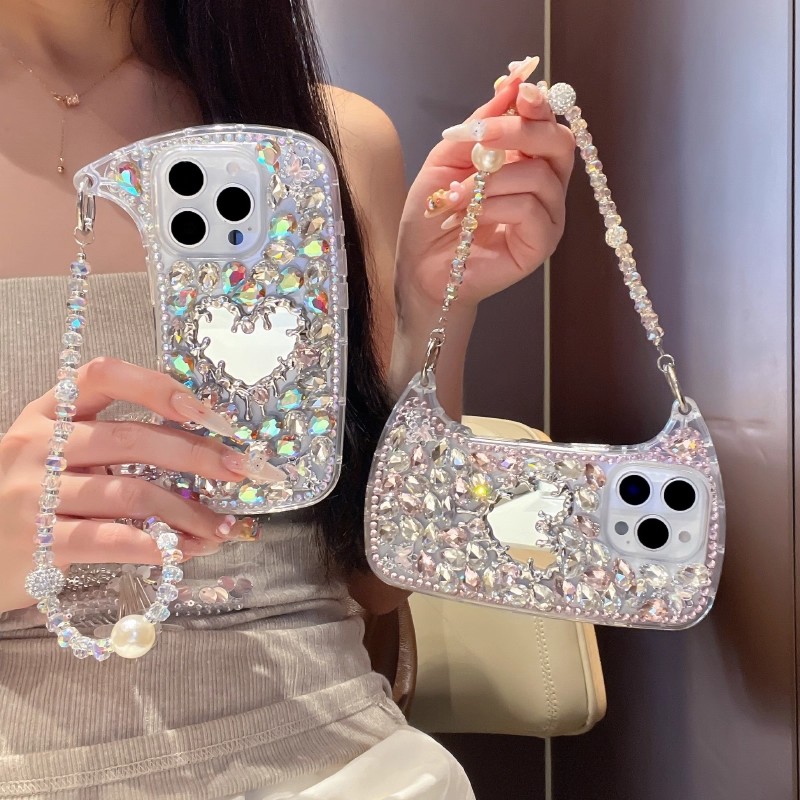 高级感立体镜子闪钻手机壳iPhone17promax奢华手提包包16pro时尚