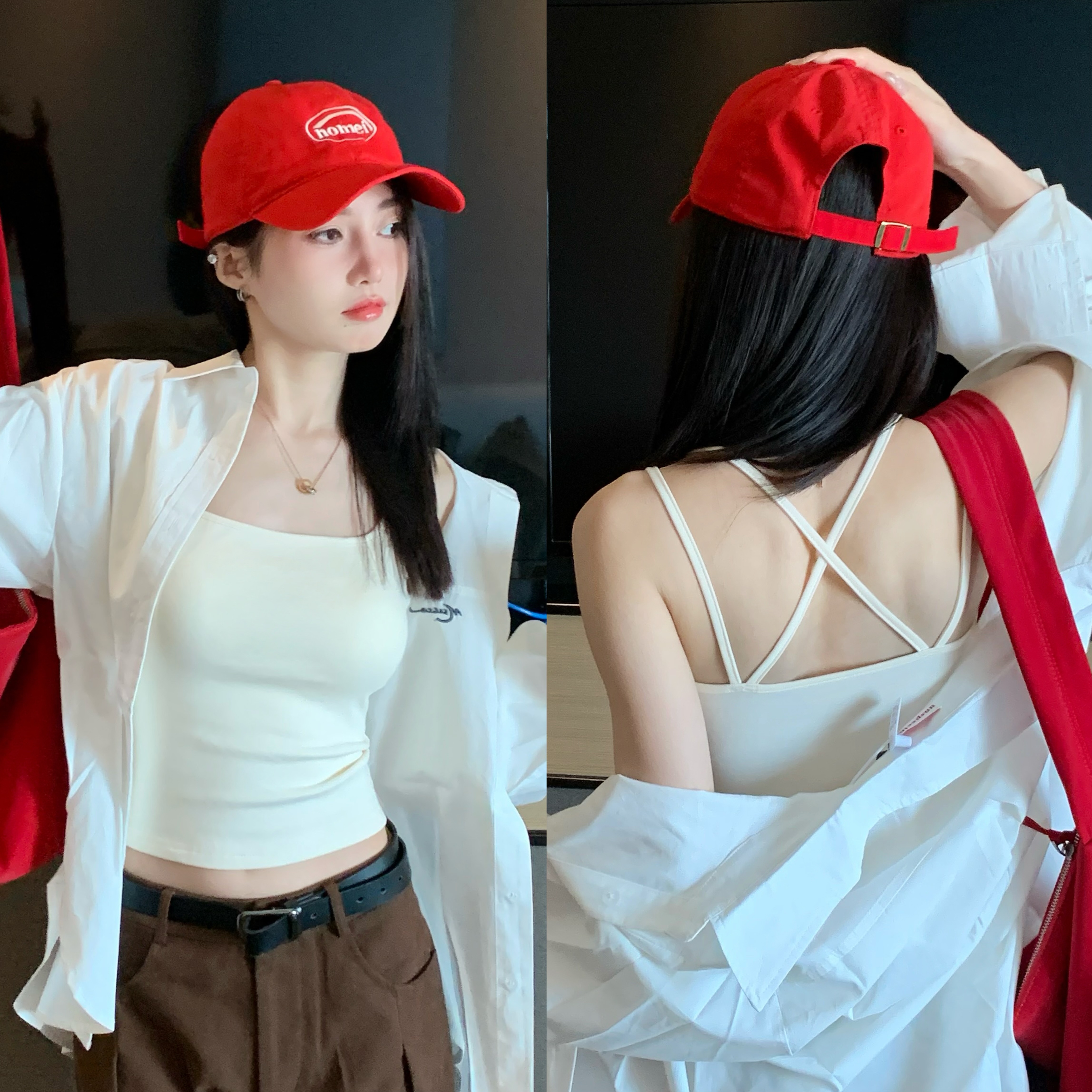 春夏显瘦打底吊带防走光内搭外穿交叉美背文胸一体白色百搭上衣女