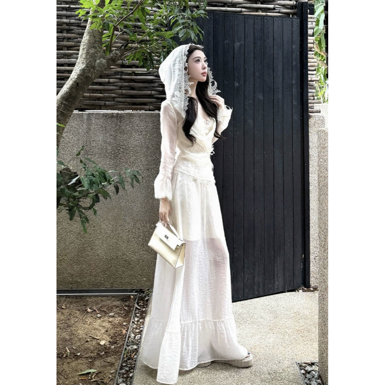 LLLLLL【知春意】法式蕾丝花边薄纱上衣半身裙气质套装女