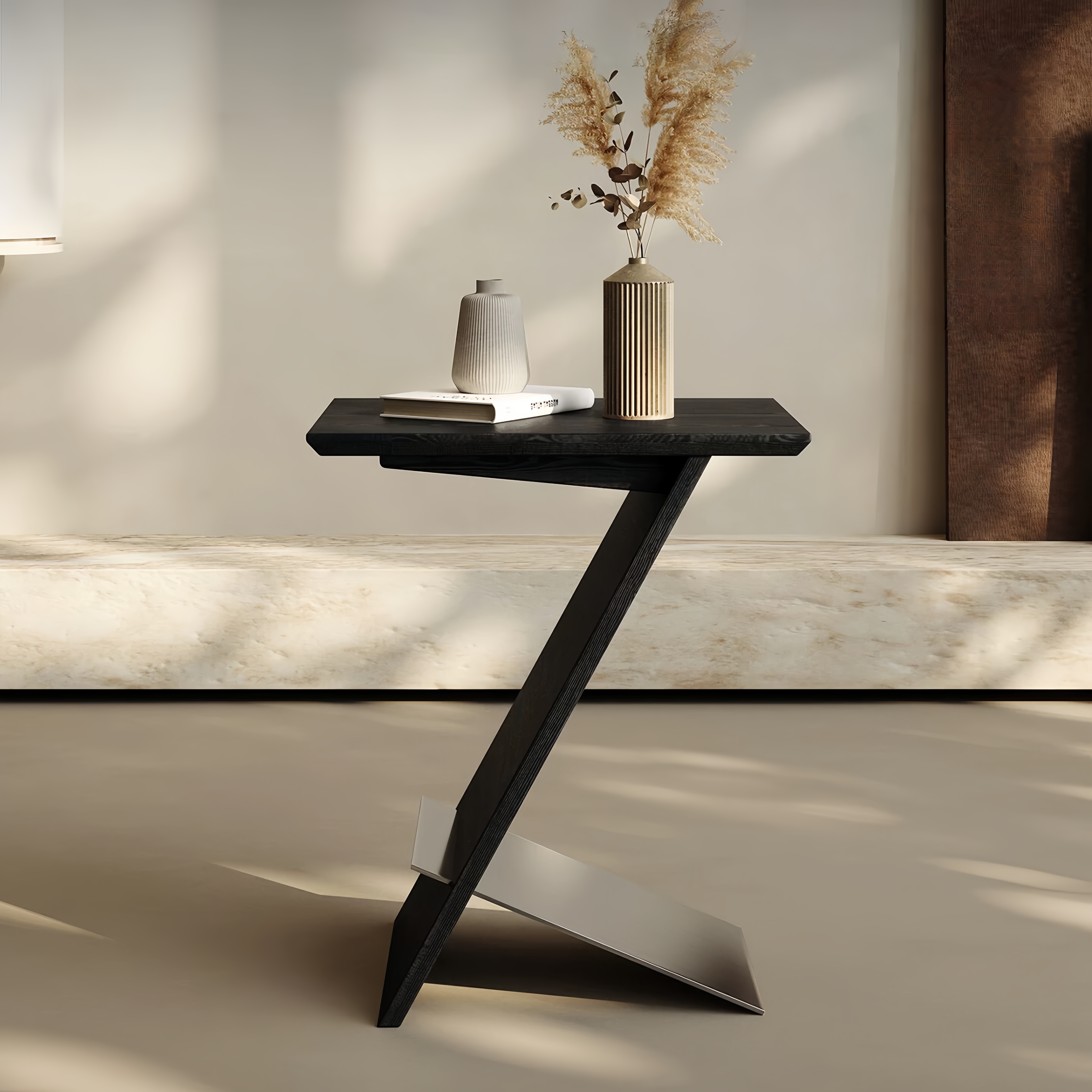 Z形现代简约实木极简实木边几茶几沙发家用客厅黑色方形极简