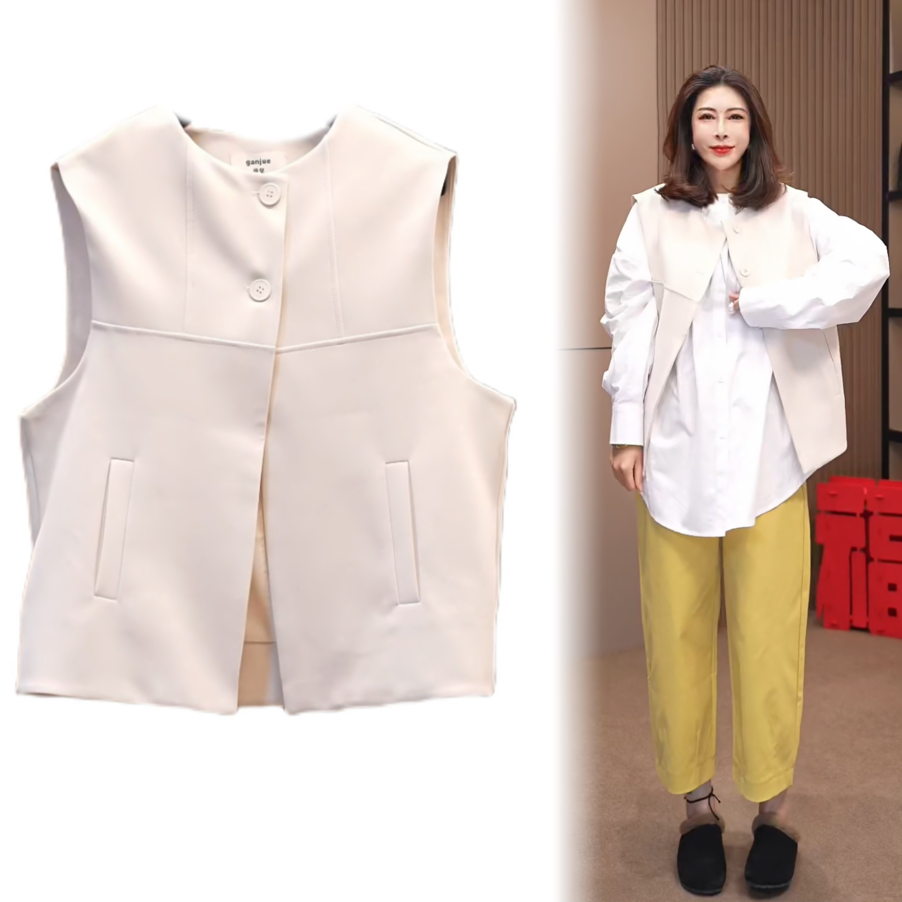 88673#《榜衣》韩版早春新款圆领纯色两粒扣复古风时尚女马甲外搭